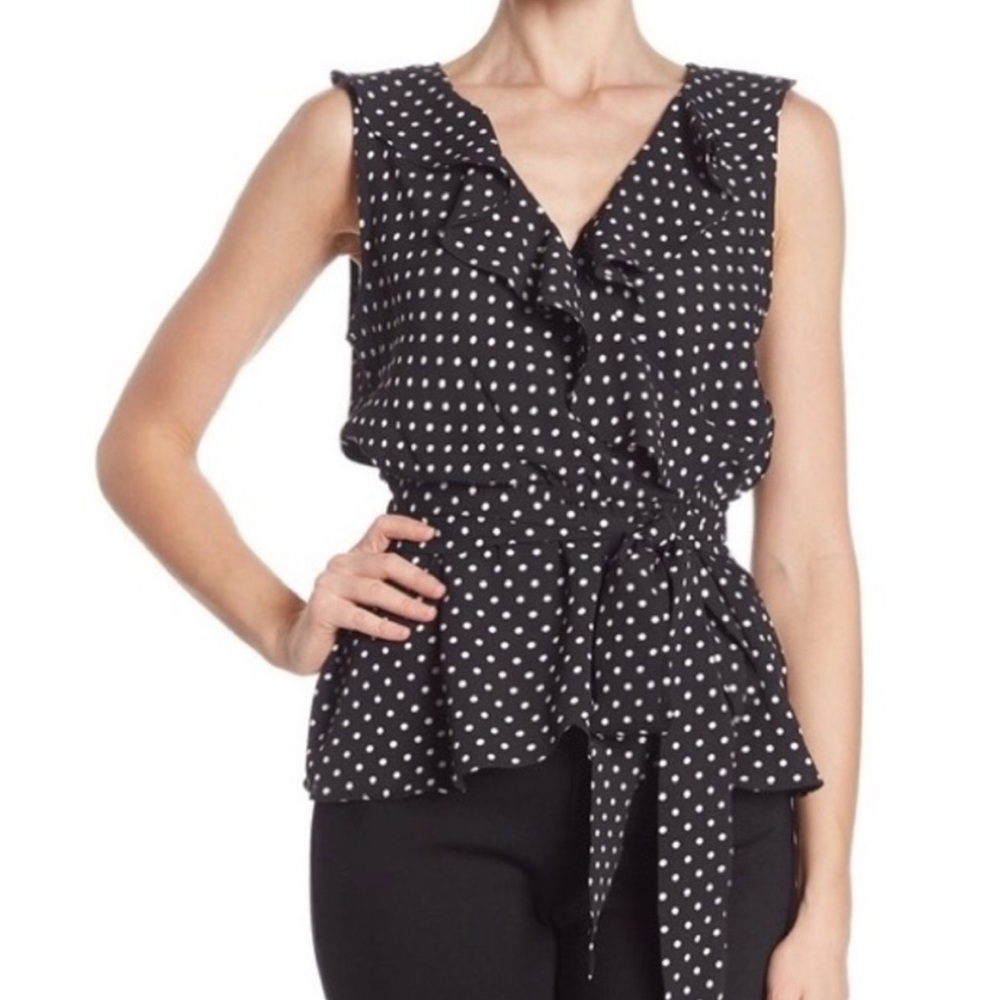 Max Studio ruffle polka dot tie waist blouse